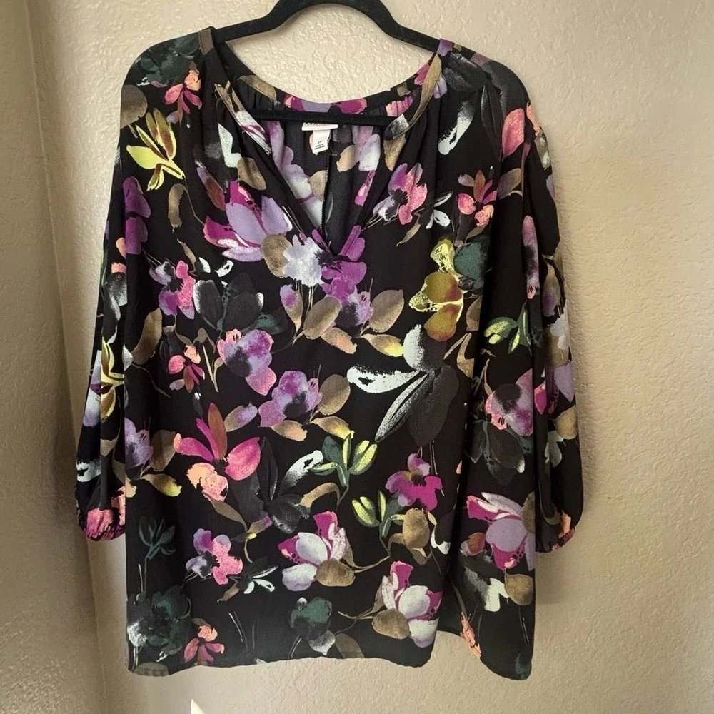 Ava‎ & Viv 2X blouse black floral shirt long sleeve womens top - Picture 5 of 9